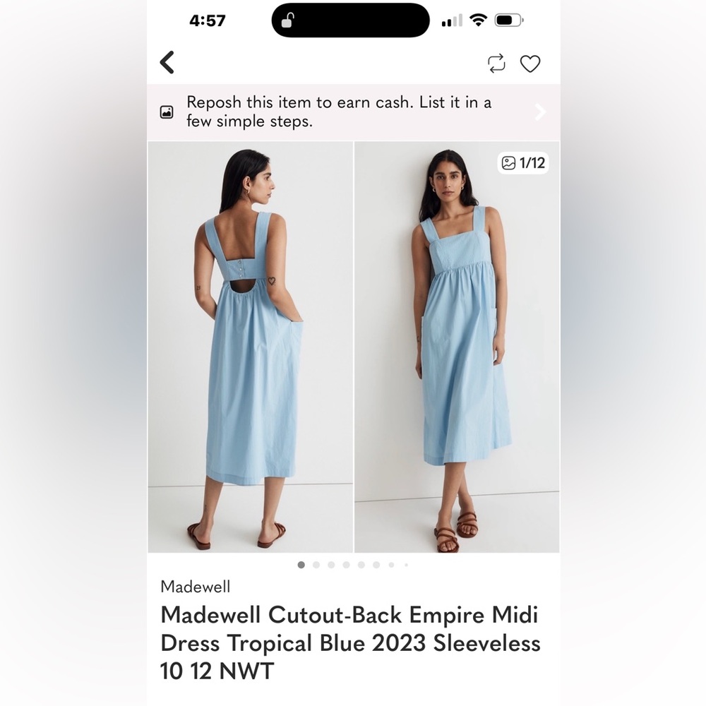 Madewell Cutout-Back Empire Midi Dress Tropical Blue 2023 Sleeveless 12